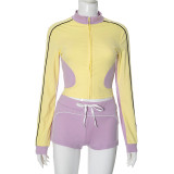 EVE Contrast Color Long Sleeve Two Piece Shorts Set GDSF-K24ST371