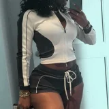 EVE Contrast Color Long Sleeve Two Piece Shorts Set GDSF-K24ST371