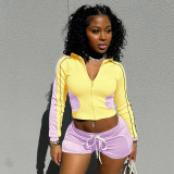 EVE Contrast Color Long Sleeve Two Piece Shorts Set GDSF-K24ST371