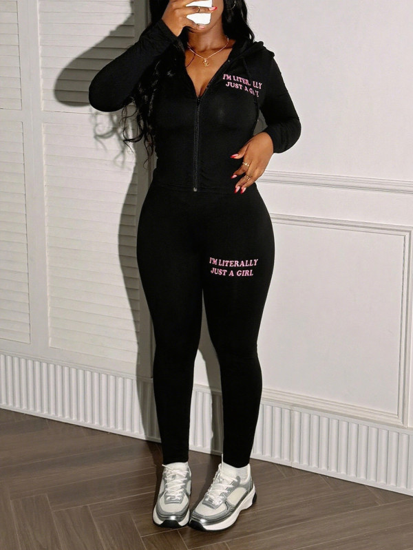 EVE Letter Print Long Sleeve Hooded Pants Suit YWXS-K25L1132