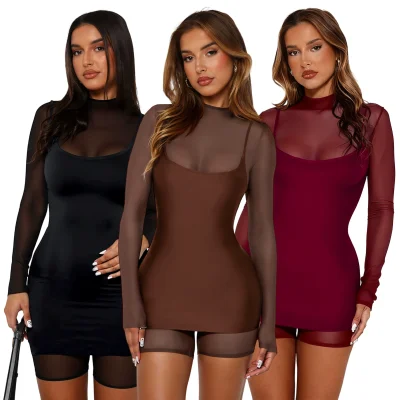 EVE Sexy Zipper Mesh Romper+Sling Dress 2 Piece Set ASL-6810