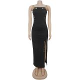 EVE Sexy Solid Color Chain Sling Split Maxi Dress BY-7522