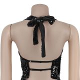 EVE Backless Sequin Halterneck Two Piece Skirts Set BY-7521