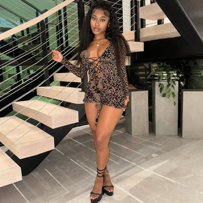 EVE Leopard Mesh Print Tie Up Romper SHD-9561