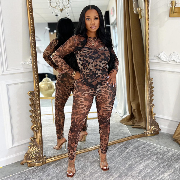 EVE Leopard Mesh Print See Through Jumpsuit BY-7541