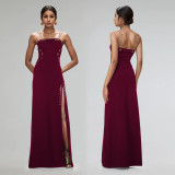 EVE Sexy Solid Color Chain Sling Split Maxi Dress BY-7522