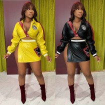 EVE PU Leatther Print Jackets+Split Skirts 2 Piece Set YNSF-8003