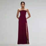 EVE Sexy Solid Color Chain Sling Split Maxi Dress BY-7522