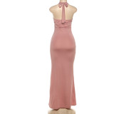 EVE Halterneck Backless Solid Color Maxi Dress DLSF-K25D80872
