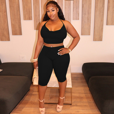 EVE Solid Color Halterneck Tie Up Two Piece Short Set MXBF-J25ST244