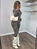 EVE Long Sleeve Zipper Denim Two Piece Pants Set MEM-88664