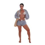 EVE Stripe Long Sleeve Shirt Two Piece Shorts Set SSNF-211482