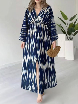 EVE Plus Size Print V Neck Split Loose Maxi Dress GQIF-S0449