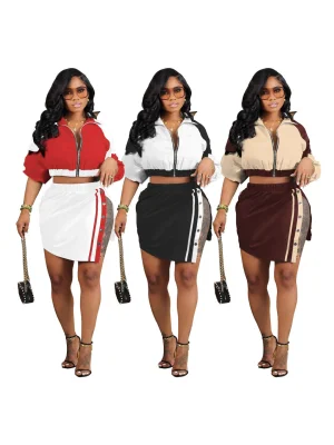 EVE Retro Long Sleeve Color Block Two Piece Skirts Set QXLB-10157
