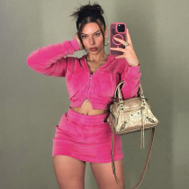 EVE Velvet Hooded Long-Sleeve Zipper Skirt Set MXBF-D25ST378