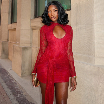 EVE Solid Color Hollow Out Lace Mini Dress GSZM-C25DS284