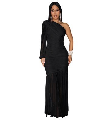EVE Solid Single Shoulder Long Sleeve Mesh Maxi Dress GXYF-0490