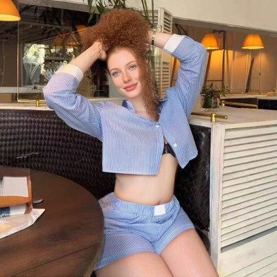 EVE Stripe Long Sleeve Shirt Two Piece Shorts Set SSNF-211482