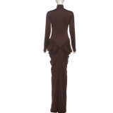 EVE Solid Color Pleated Long Sleeve Maxi Dress XEF-K25D82529