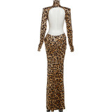 EVE Leopard Print Long Sleeve Backless Maxi Dress XEF-K25D83530