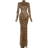 EVE Leopard Print Long Sleeve Backless Maxi Dress XEF-K25D83530