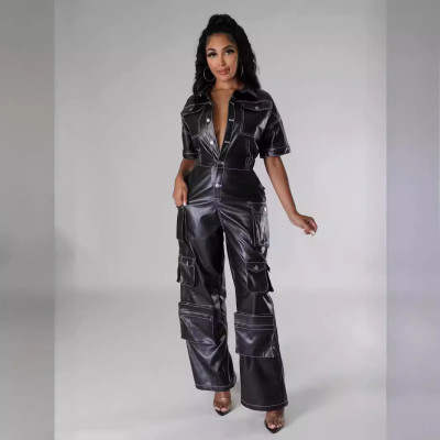 EVE PU Leather Half Sleeve Jumpsuit GHXF-HX0428