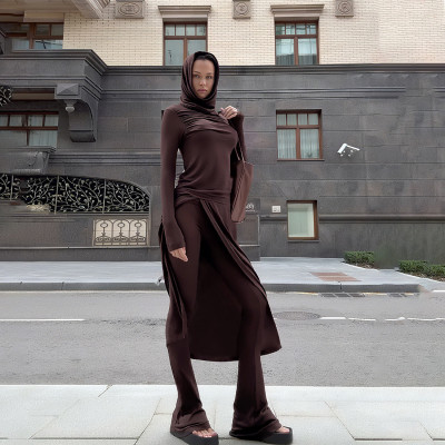 EVE Solid Color Long Sleeve Long Dress Flare Pants Suit GZJQ-K25S81259