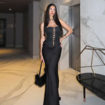 EVE Sexy Wrap Chest Solid Tie Up Maxi Dress GZJQ-K25D82056