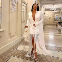 EVE Deep V Neck Long Sleeve Tassel Mini Dress GHXF-HX0203