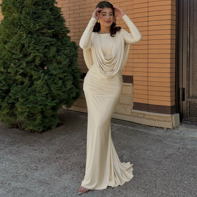 EVE Long Sleeve Pleated Patchwork Maxi Dress GZJQ-K25D82048