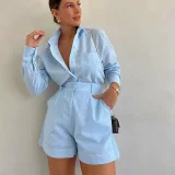 EVE Solid Color Long Sleeve Shirt Short Set GTJR-RC3251