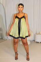 EVE V Neck Color Block Satin Patchwork Mini Dress GTJR-RC3329