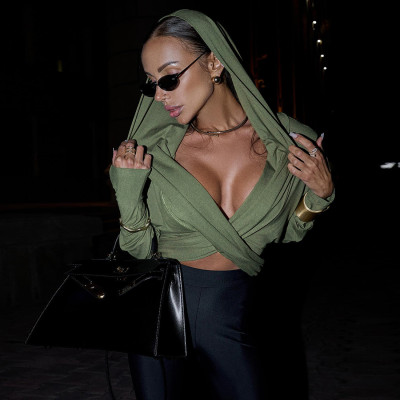 EVE Gross V Neck Sexy Split Hooded Tops GZJQ-K25L80381