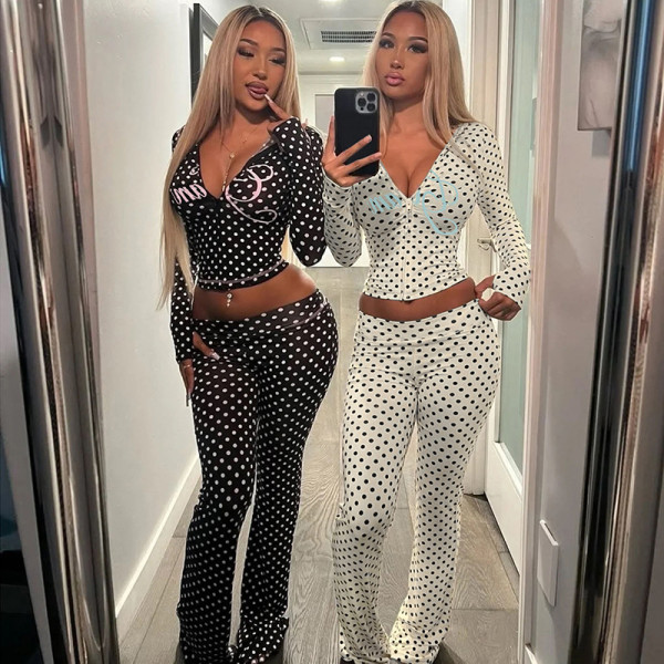 EVE Polka Dots Print Long Sleeve Zipper Pants Suit XEF-K25S82496