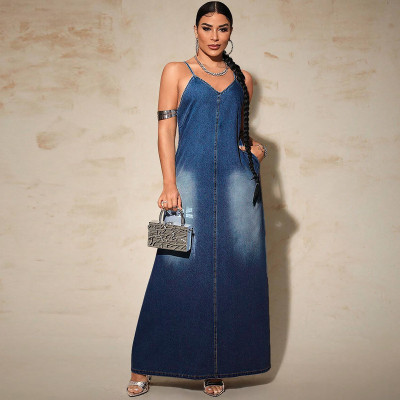 EVE Plus Size Fashion Denim Sling Maxi Dress GDAM-218529