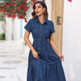 EVE Plus Size Short Sleeve Lapel Denim Maxi Dress GDAM-218510
