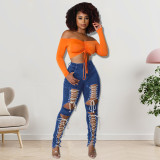 EVE Fashion Holes Bandage Jeans GDAM-218189