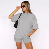 EVE Short Sleeve Solid Two Piece Shorts Set SSNF-211299