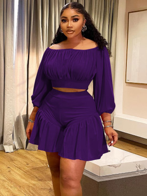 EVE Plus Size Pleated One Shoulder Two Piece Short Set NNWF-8067