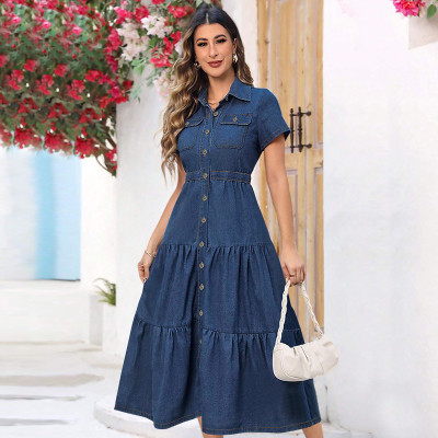 EVE Plus Size Short Sleeve Lapel Denim Maxi Dress GDAM-218510