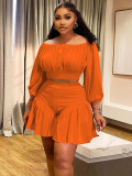 EVE Plus Size Pleated One Shoulder Two Piece Short Set NNWF-8067