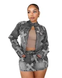 EVE Fashion Denim Zipper Jackets Two Piece Skirts Set GQLF-8505