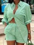 EVE Plus Size Long Sleeve Stripe Print Shirt Shorts 2 Piece Set HNIF-DHN124