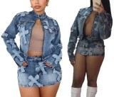 EVE Fashion Denim Zipper Jackets Two Piece Skirts Set GQLF-8505
