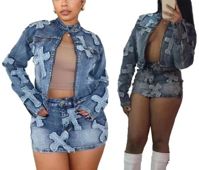 EVE Fashion Denim Zipper Jackets Two Piece Skirts Set GQLF-8505