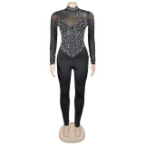 EVE Solid Color Mesh Hot Drill Jumpsuit  GFYX-6912