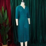 EVE Plus Size Blazer Neck Solid Color Pleated Midi Derss GMLF-3291