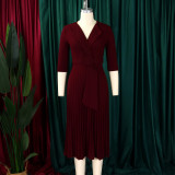 EVE Plus Size Blazer Neck Solid Color Pleated Midi Derss GMLF-3291