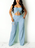 EVE Solid Color Wrap Chest Loose Two Piece Pants Set XHXF-8593