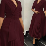 EVE Plus Size Blazer Neck Solid Color Pleated Midi Derss GMLF-3291
